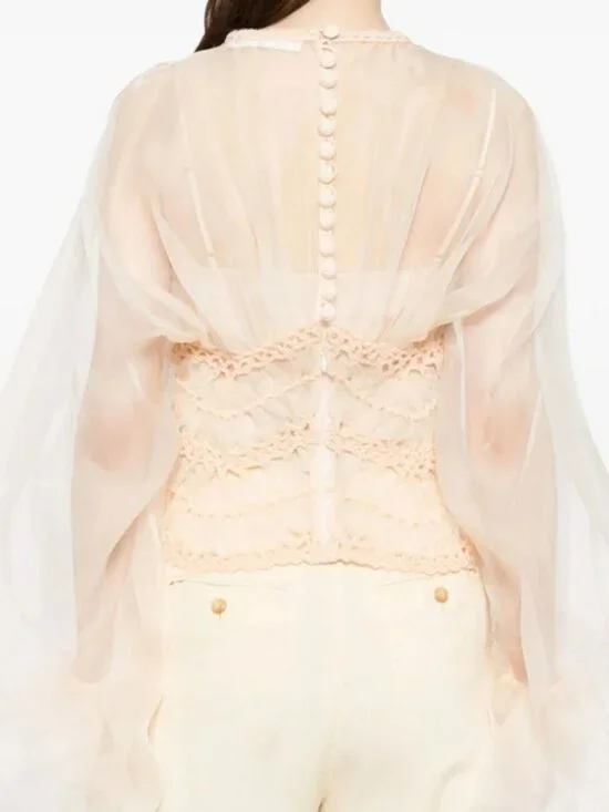 ZIMMERMANNIlluminate macramé and tulle-trimmed gathered silk- organza blouse - Picture 9 of 9